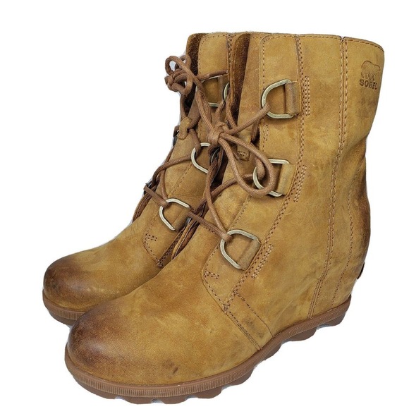 Sorel Joan Of Arctic Wedge II Camel Brown Leather Wedge Ankle Boots - Picture 1 of 14